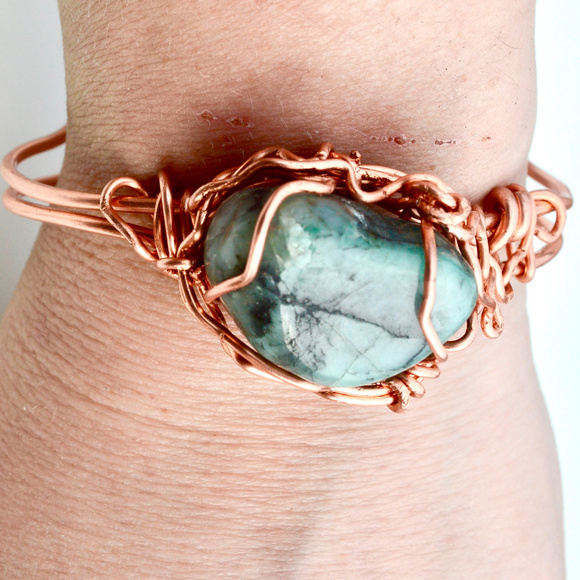 Conceptual Subculture Jewelry - Genuine Emerald Copper Cuff Bracelet Healing BOHO
